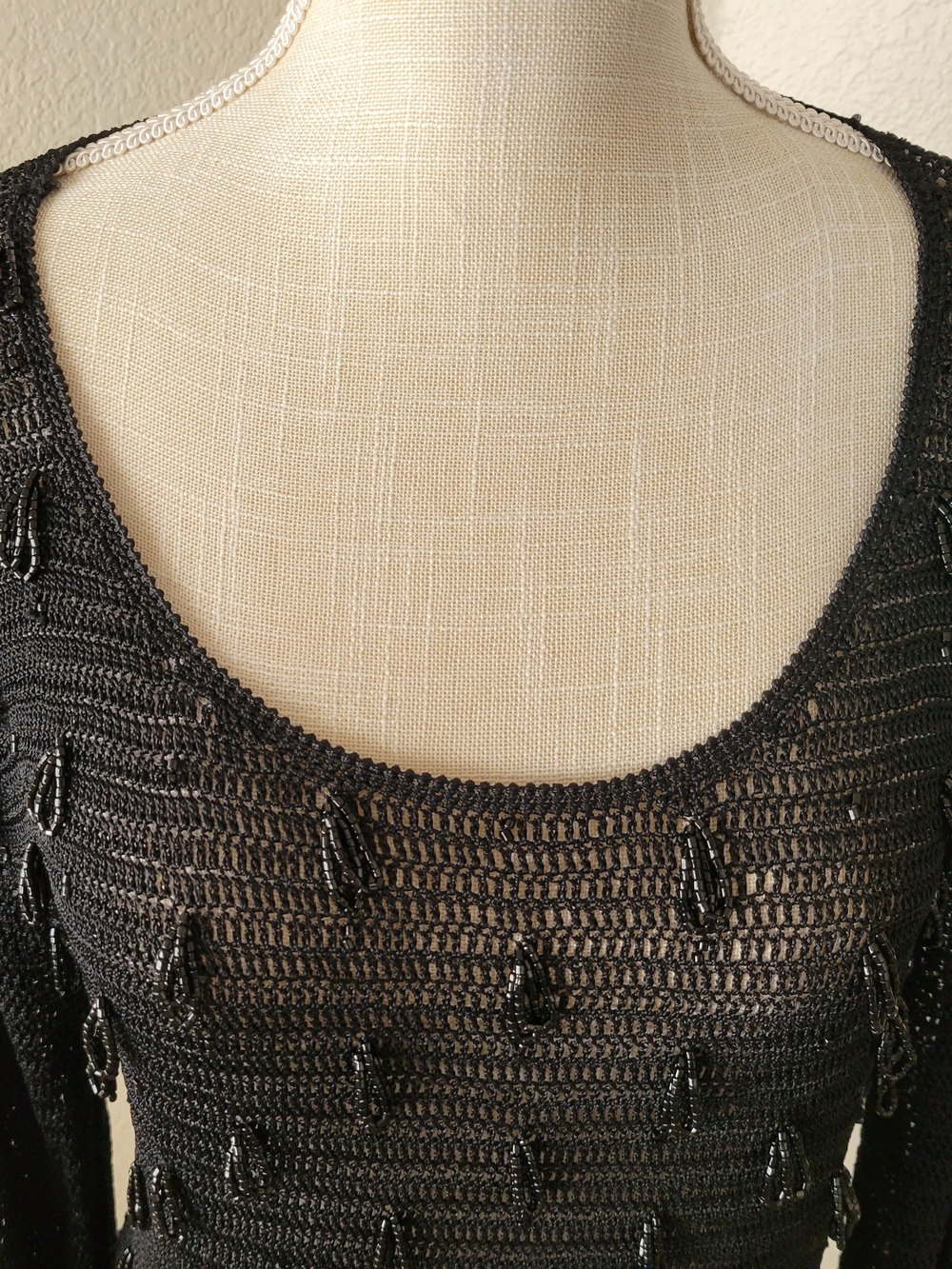 Vintage Francesca Rose Black Beaded Open Knit Mesh Sweater L Whimsigoth